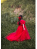 V Neck Red Pleated Tulle Corset Back Flower Girl Dress